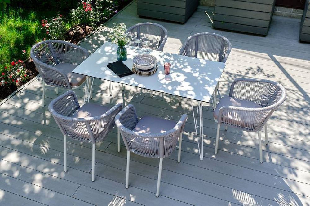 "Марсель" стул плетеный из роупа, каркас алюминий белый шагрень, роуп светло-серый круглый, ткань светло-серая