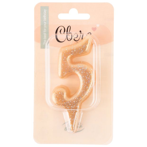 Свеча Цифра, 5 Овал, Золото, с блестками, 7 см, 1 шт.