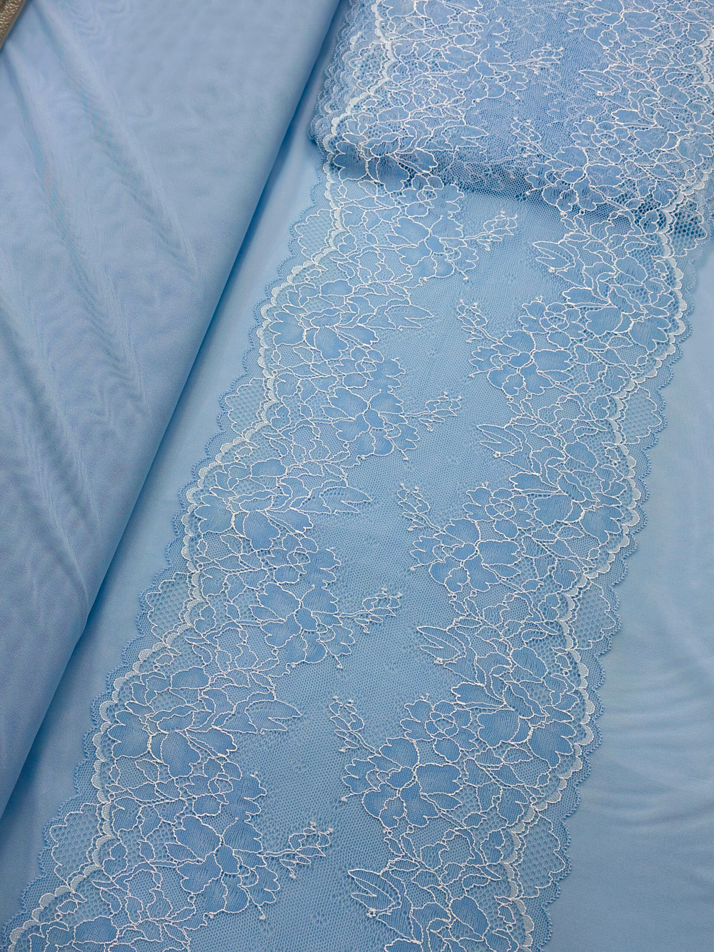 Эластичное кружево голубое с белым ширина 25 см