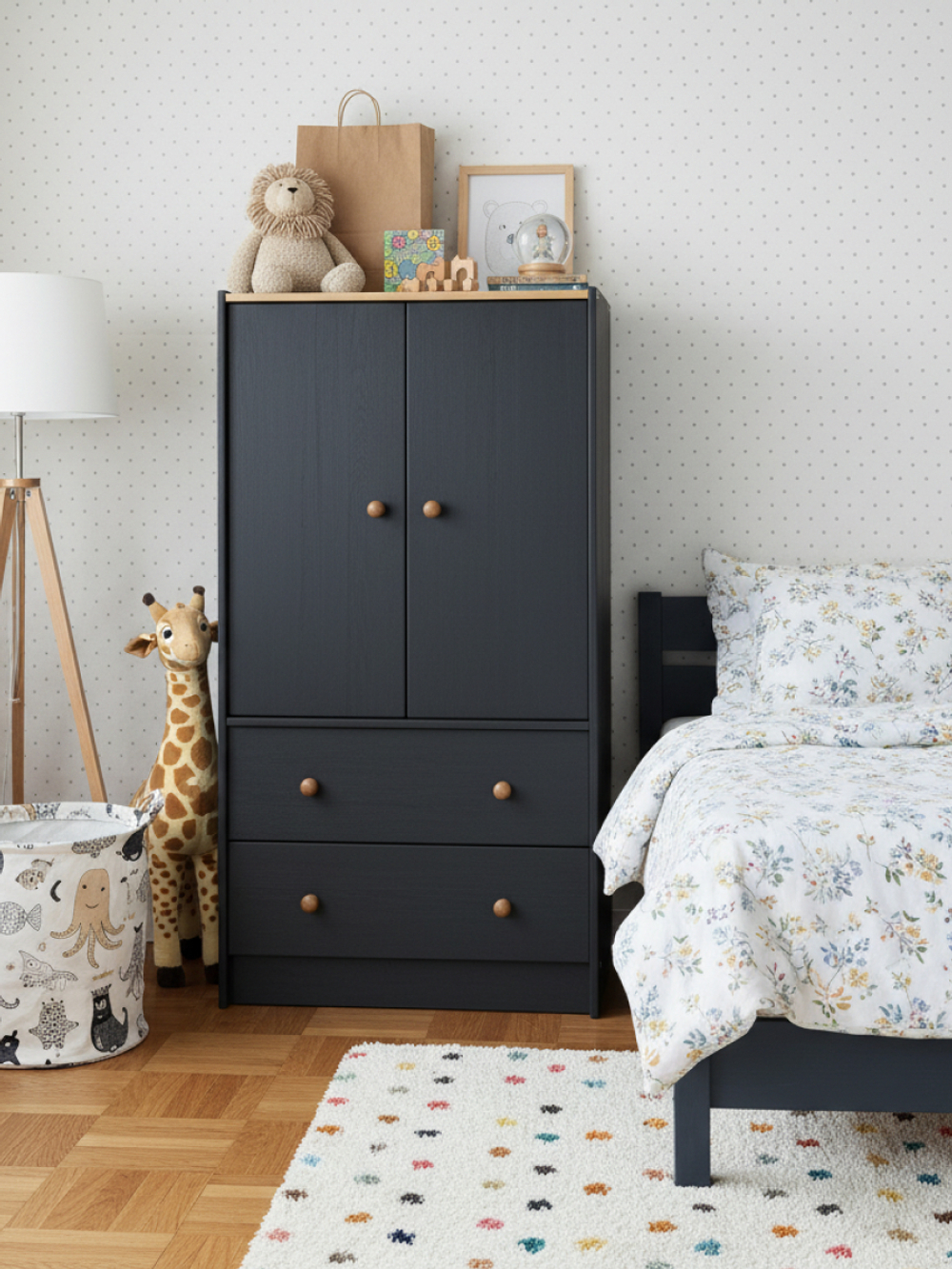 Комод из сосны Раст 2 ящика, 2 двери с полкой для хранения, серый/антик