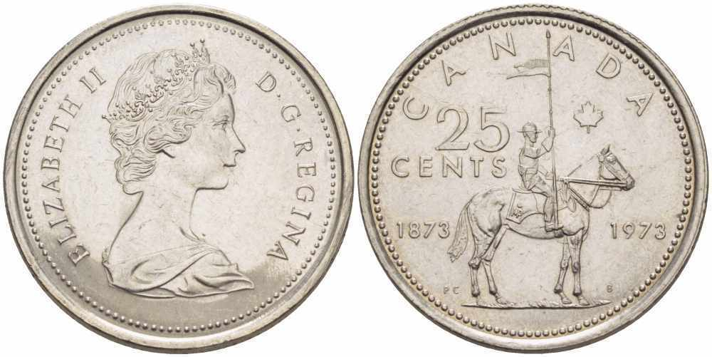25 центов 100 лет конной полиции Канады UNC 1973 год