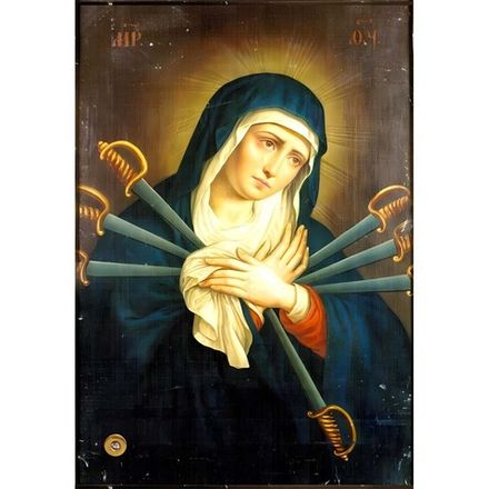Икона Божией Матери "Умягчение злых сердец" с мечами. Икона на доске с мощевиком.
