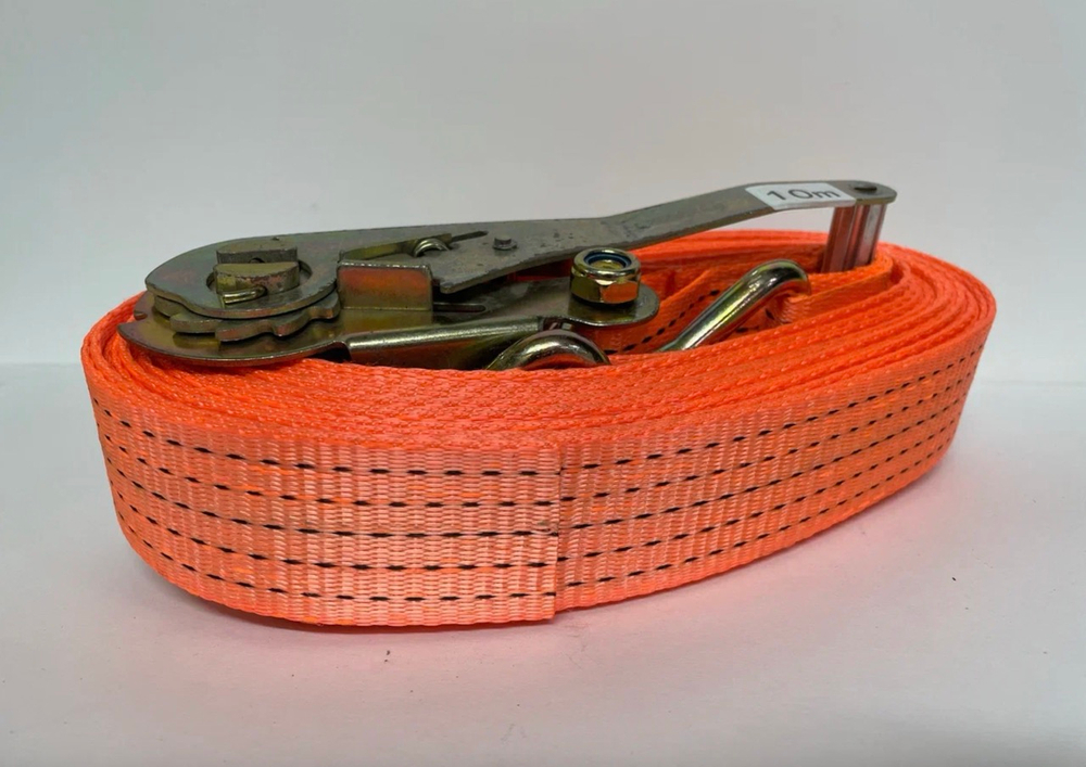 5Т-10М / Ремень стяжной для крепления груза, стяжка, 5 тонн, длина 10 метров, с крючками, оранжевый, TG (1 шт. / комплект)