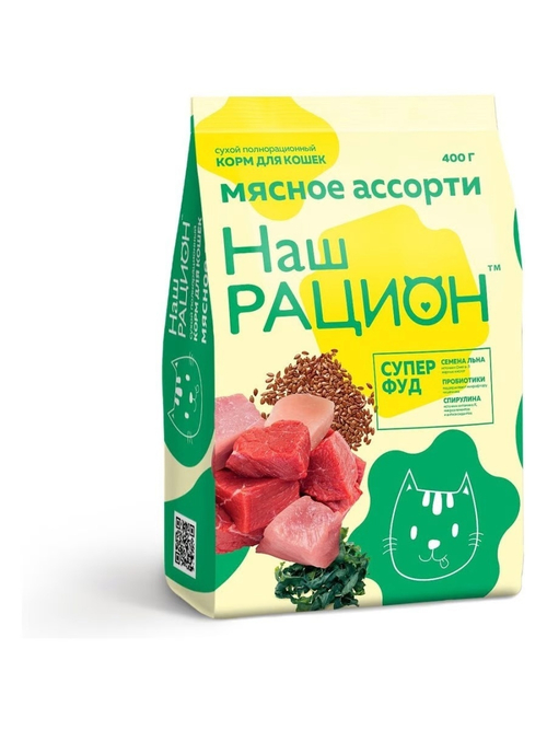 Сухой корм Наш Рацион для взрослых кошек, мясное ассорти,400 г