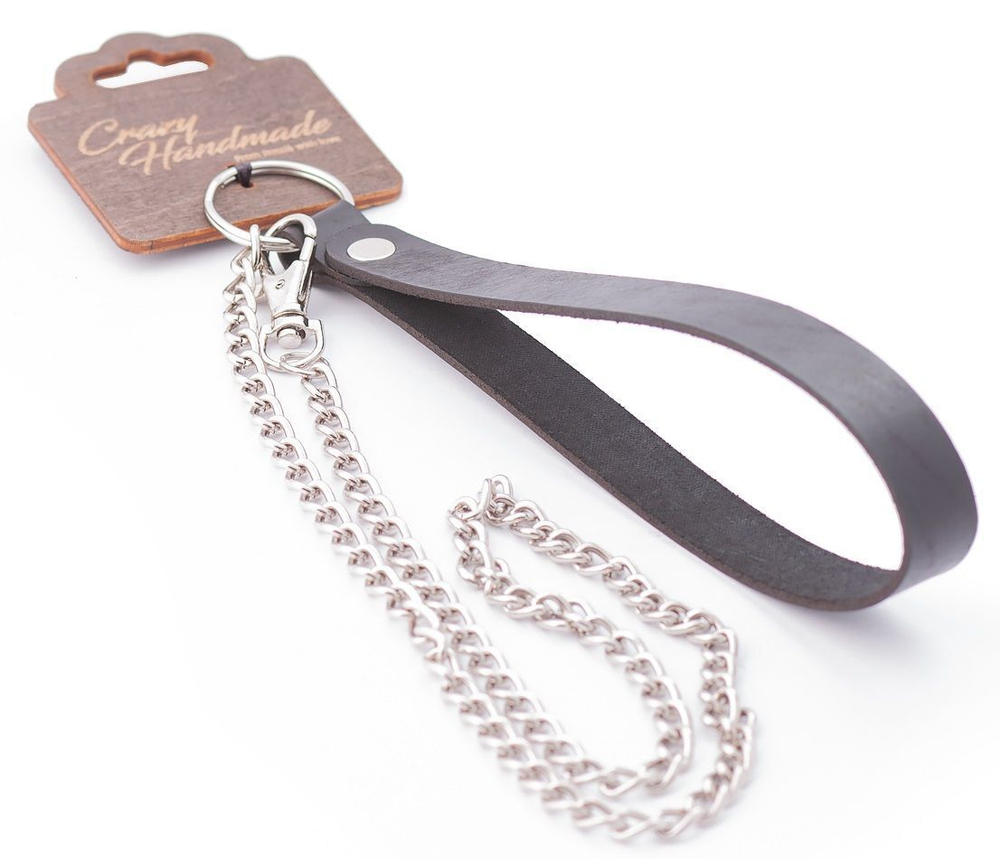 Серебристый металлический поводок с кожаной черной ручкой - 80 см. (Цвет: серебристый с черным)
