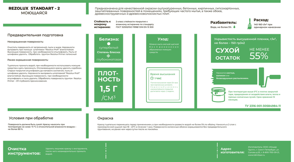 Краска Резолюкс Standart-2 моющаяся супербелая