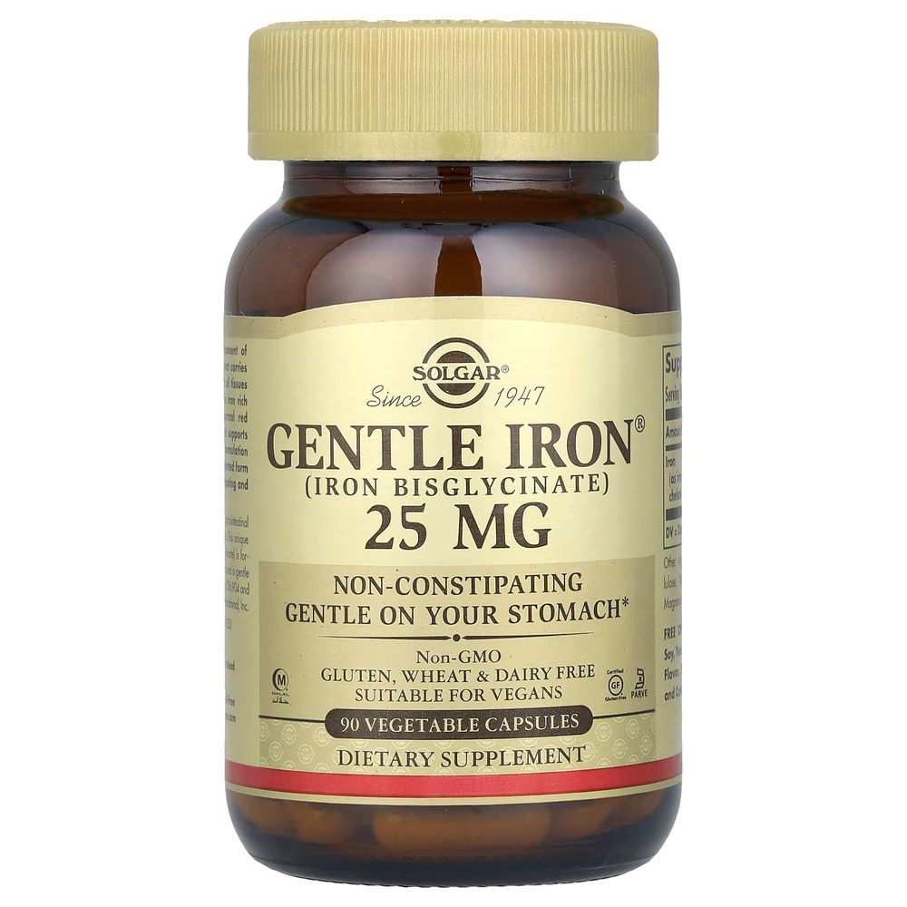 Solgar, Gentle Iron®, добавка с железом, 25 мг, 90 растительных капсул