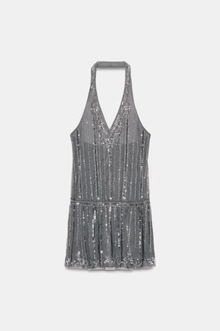 ZARA МИНИ-ПЛАТЬЕ ХАЛТЕР С ПАЙЕТКАМИ, ТЕМНО-СЕРЫЙ