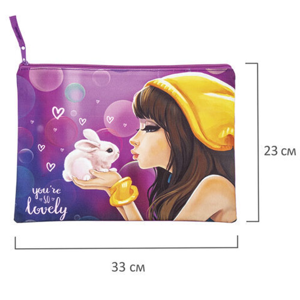 Папка для тетрадей BRAUBERG А4, 1 отделение, полиэстер, на молнии, с ручкой, "Rabbit", 270940