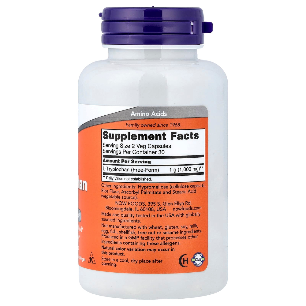 NOW Foods, L-триптофан, 500 мг, 60 растительных капсул