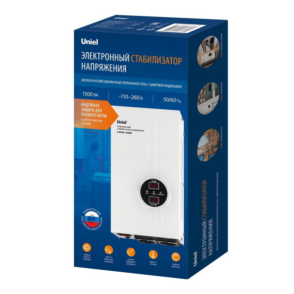 U-DTRS-1500W Стабилизатор напряжения ультратонкий. Однофазный релейный. 1500ВА. Настенный. TM Uniel