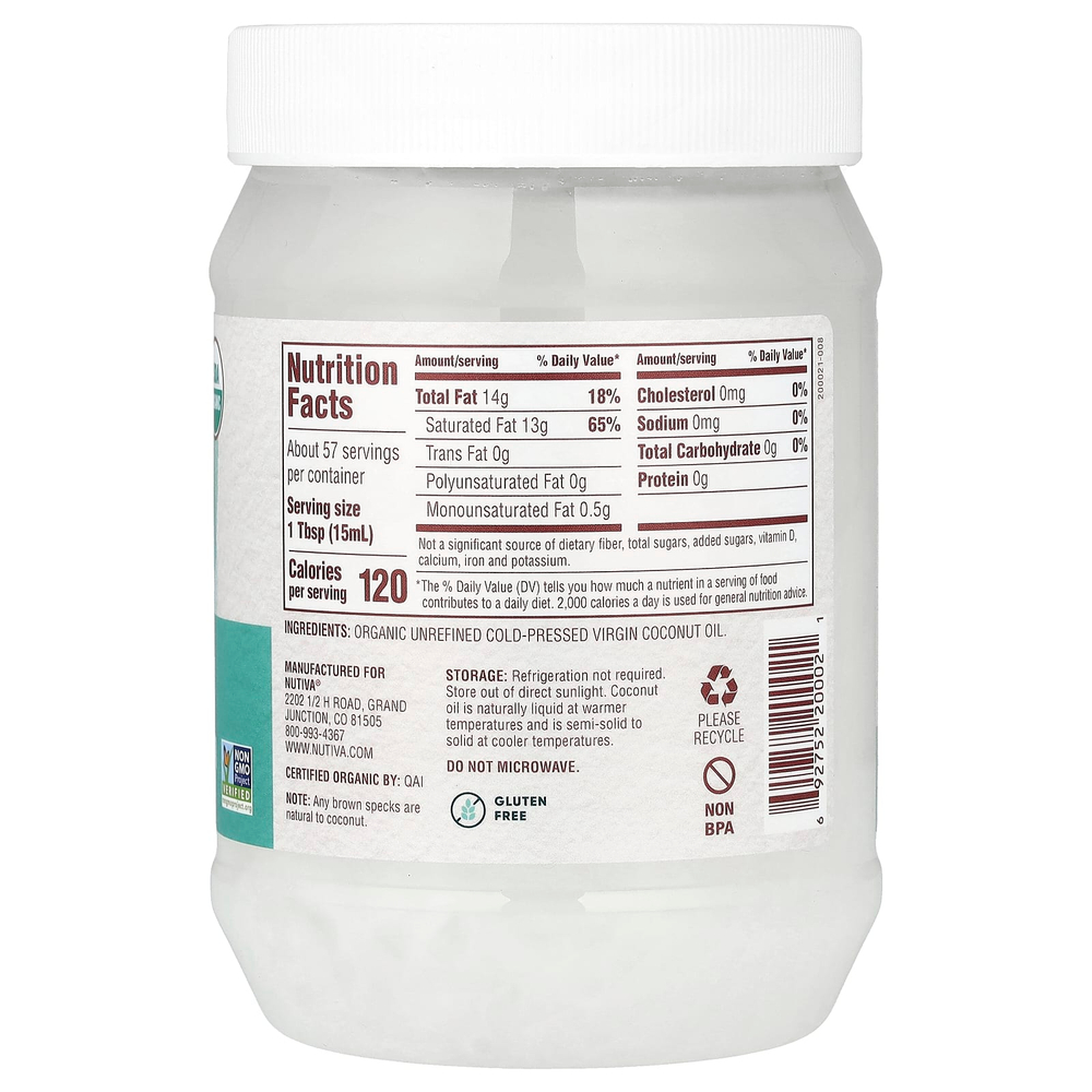 Nutiva, органическое кокосовое масло первого отжима, 858 мл (29 жидк. унций)