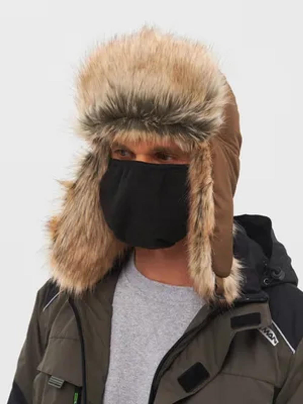 Шапка ушанка с маской Huntsman Евро Енот (Taslan, Коричневый)