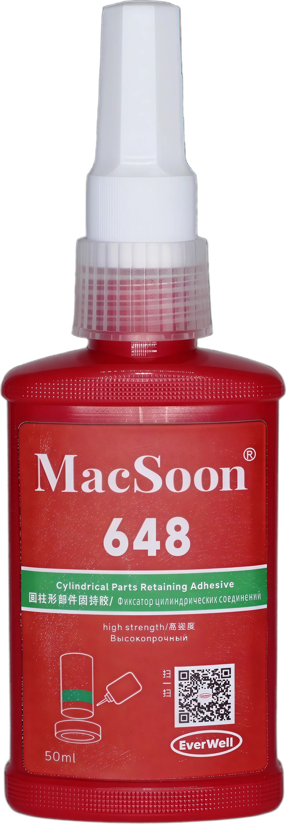 MacSoon 648, фиксатор цилиндрических соединений для склеивания и герметизации цилиндрических деталей с зазором или натягом на активных металлах и нержавеющей стали, высокопрочный, 50 мл.