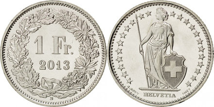 Швейцария 1 франк, 1968-2024 XF