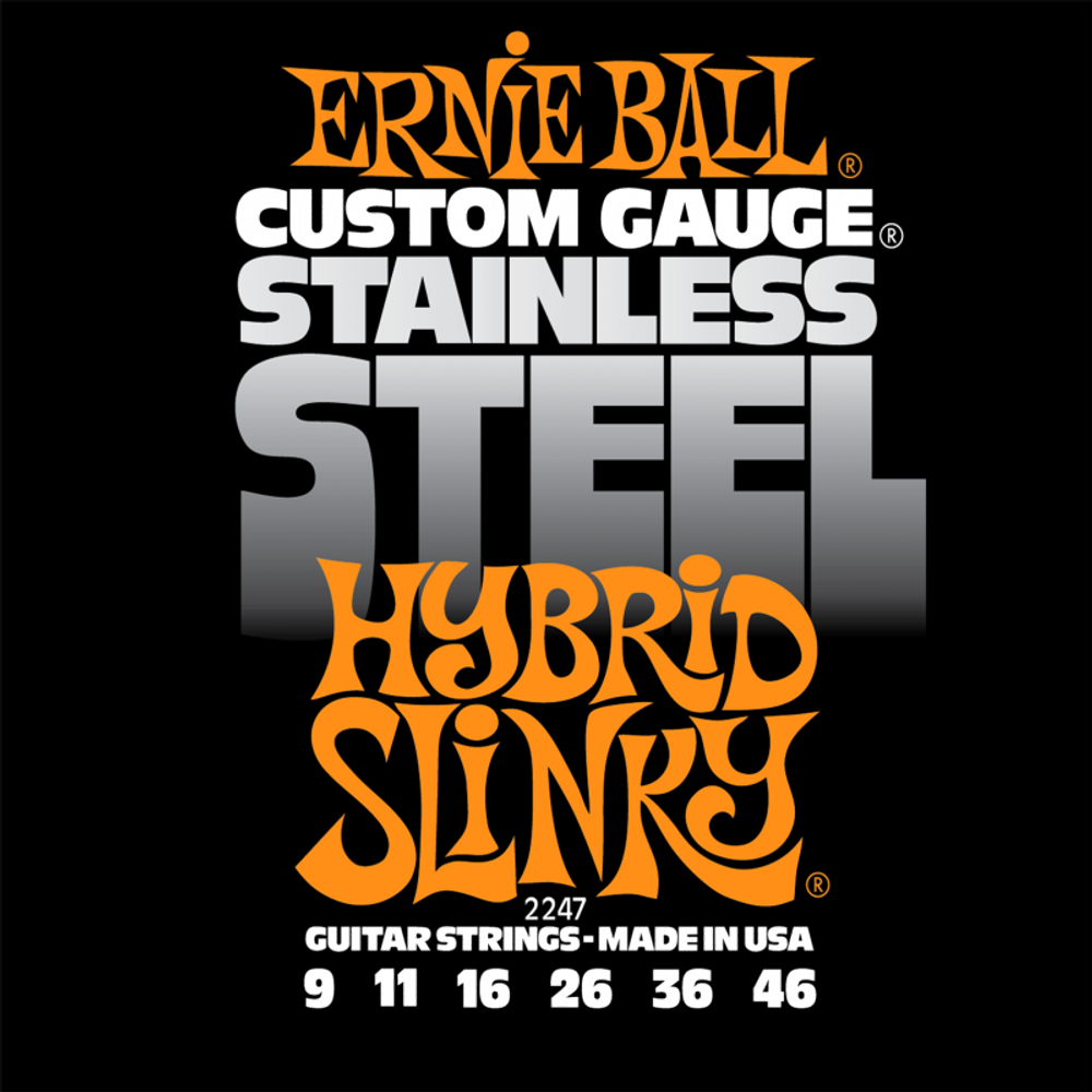 Ernie Ball 2247 STAINLESS STEEL SLINKY HYBRID струны для электрогитары, 9-46. Сердцевина - сталь, шестигранник. Обмотка: нержавеющая сталь.
