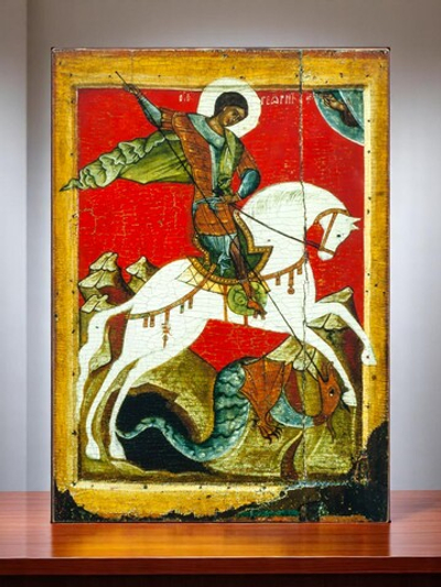 Икона Святой Великомученик Георгий Победоносец. Чудо Георгия о змие. Деревянная икона на левкасе