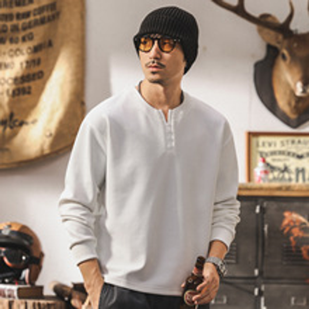 Мужская футболка в американском ретро-стиле,с длинным рукавом, воротник-стойка, модный бренд, повседневная свободная мужская футболка