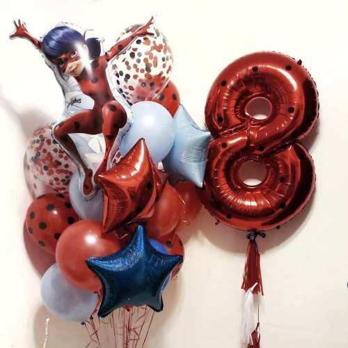 Набор шаров с Красным Конфетти, Цифрой и Леди Баг