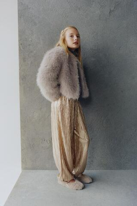 ZARA МЕТАЛЛИЗИРОВАННЫЕ БРЮКИ, ЭКРЮ