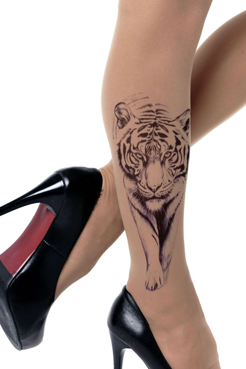 Колготки с принтом-тату в виде крадущегося тигра (Размер: S-M-L) (Цвет: бежевый)
