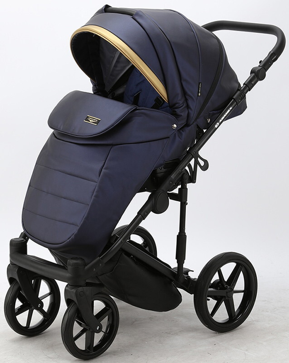 Детская коляска Adamex Rimini Deluxe 2 в 1 RI250 Т.СИН.ПЕРЛ.КОЖА+ЗОЛОТО.ОТДЕЛКА