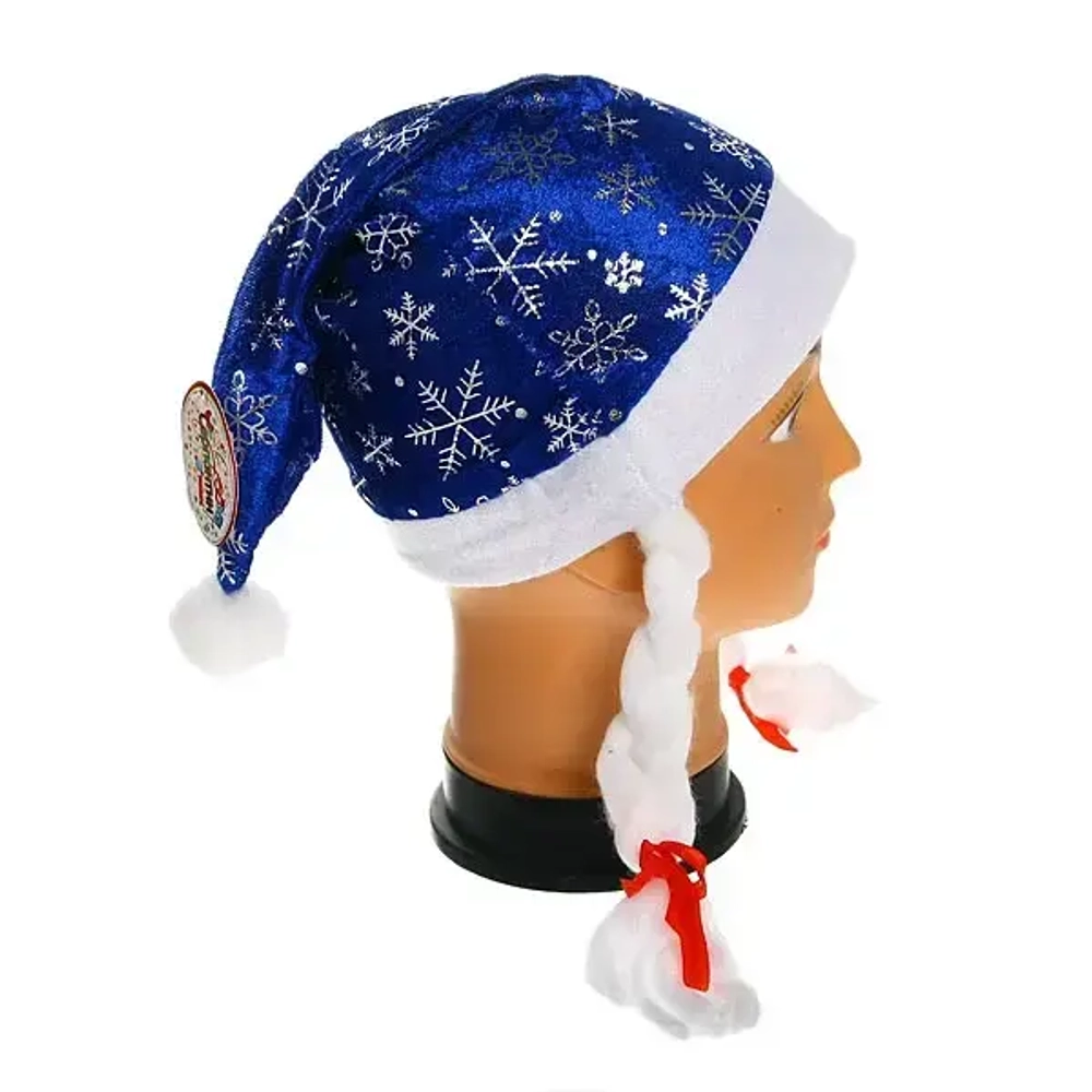 Колпак новогодний с косами синий «Снежинки» 28*38см