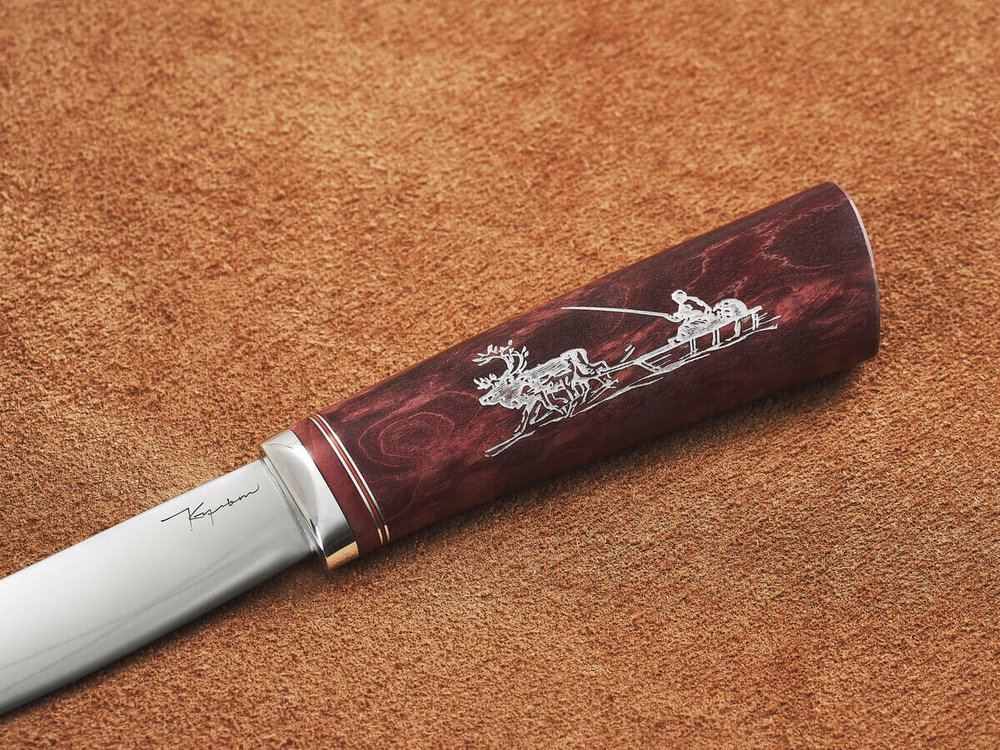 Якутский нож "Амга", сталь Х12МФ, рукоять гранатовая стабилизированная карельская береза / рисунок