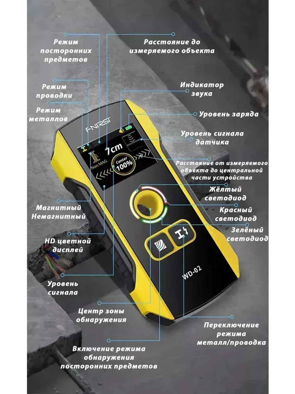 Скрытая проводка и металлодетектор FNIRSI WD-02,Портативный цифровой индикатор проводки,Локатор ,Высокоточная несущая стена трубы, поддержка переключения Русский-черный