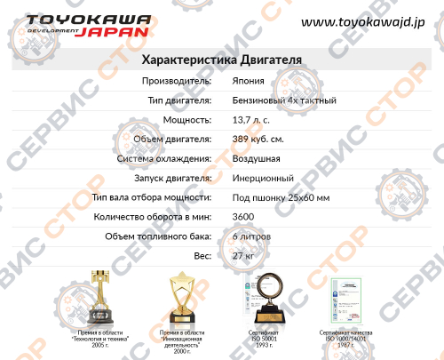 Двигатель Toyokawa S388 (под шпонку, 25х60 мм, 90х90 мм., 13,6 л.с., бензиновый без электростартера)