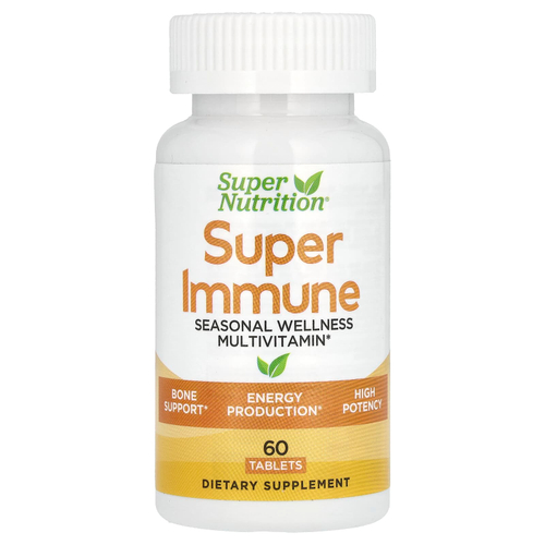 Super Nutrition, Super Immune, высокоэффективные мультивитамины с глутатионом, минералами и травами для укрепления иммунитета, 60 таблеток