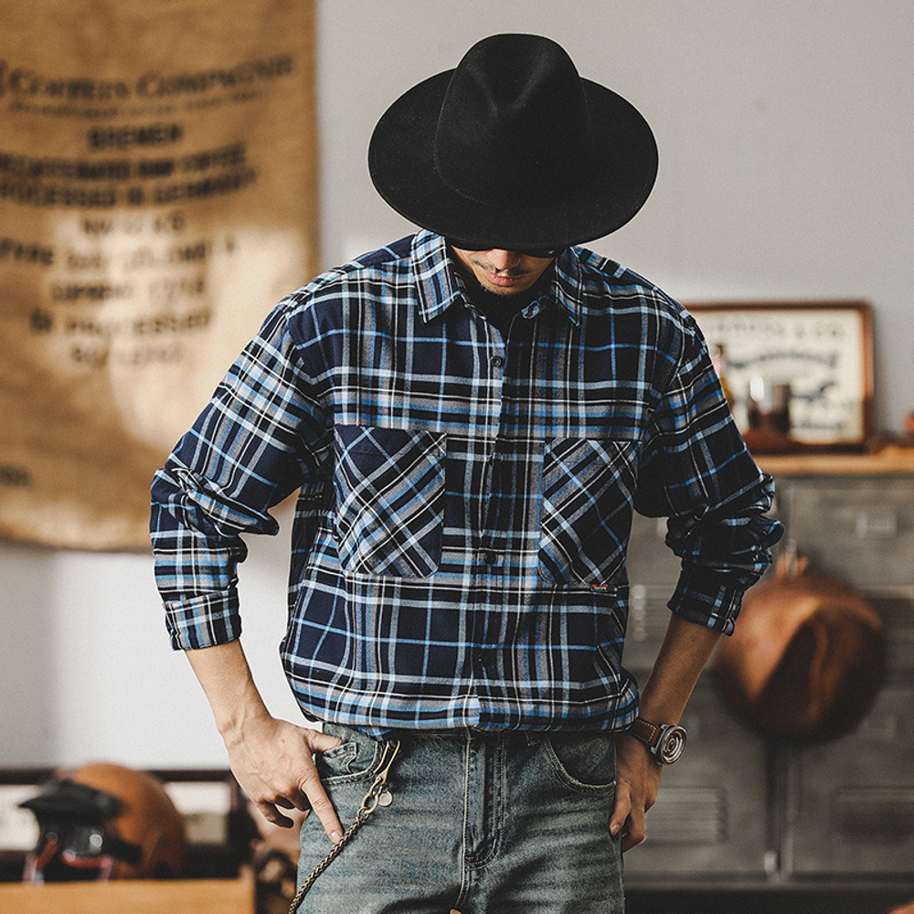 American Ретро Рубашка с длинными рукавами в крупную клетку с накладными карманами/