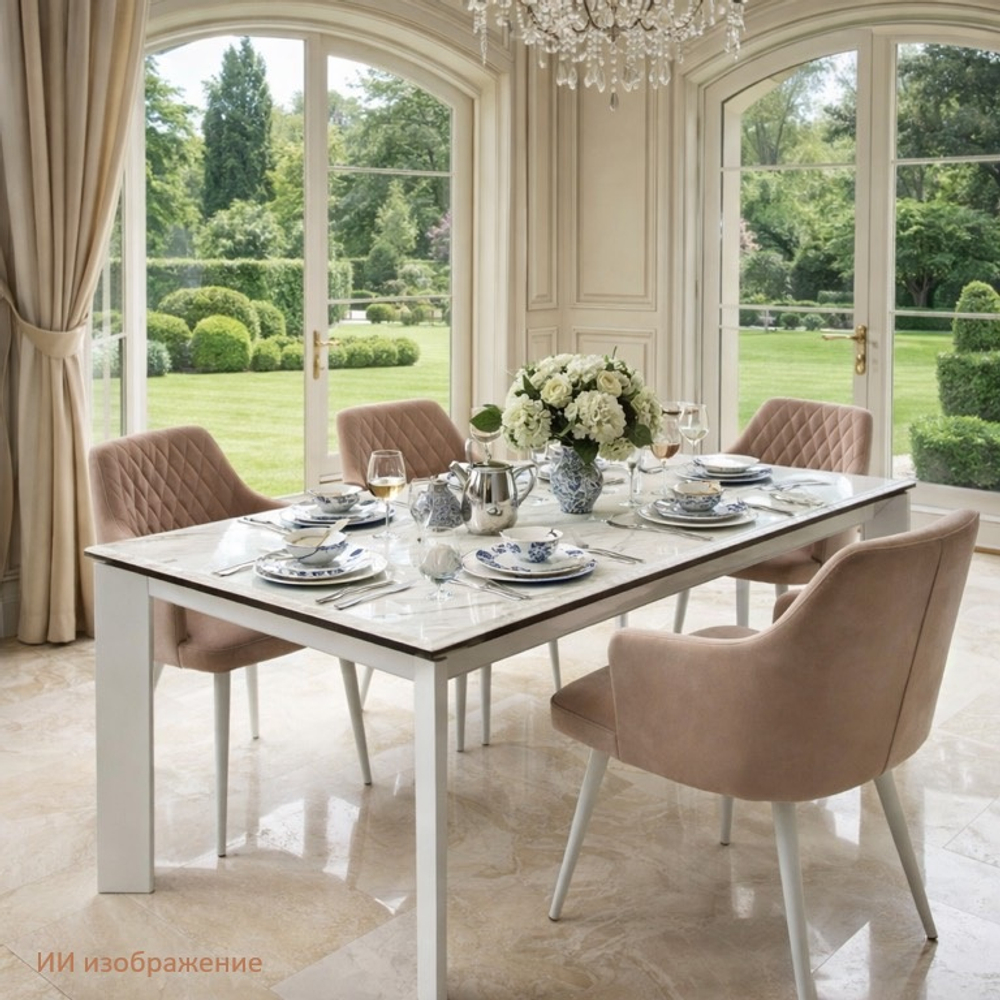 Стол CREMONA 180 KL-188 Контрастный мрамор матовый, итальянская керамика/ белый каркас, ®DISAUR