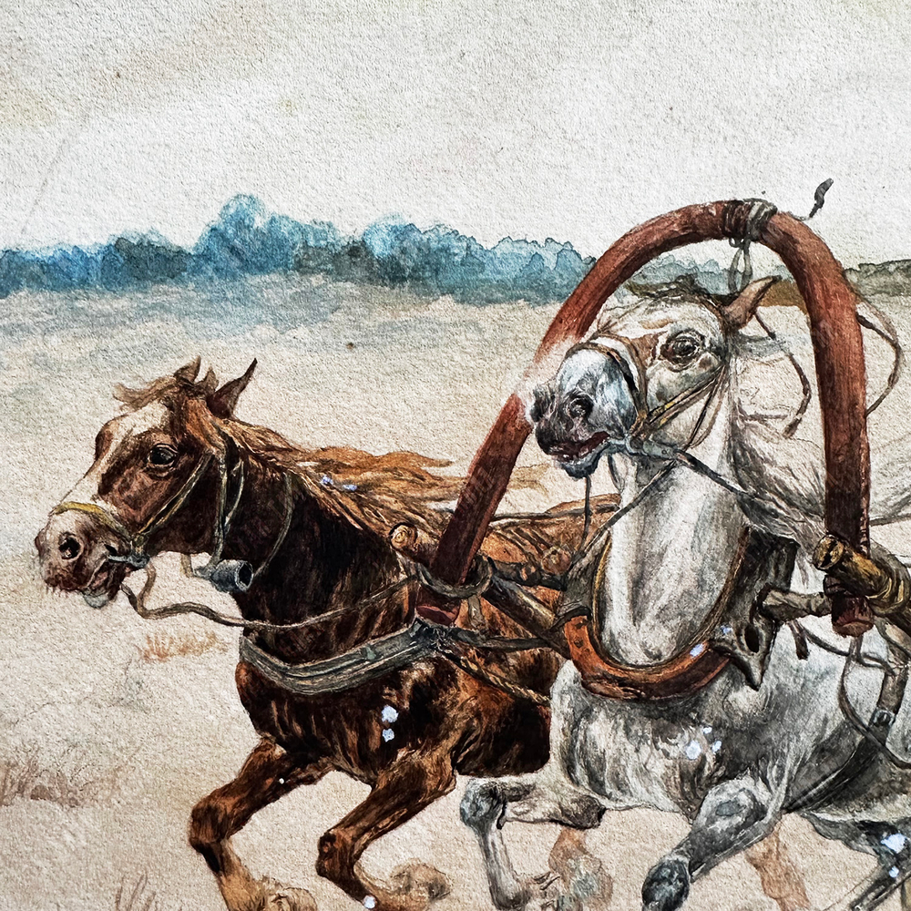 Соколов П. П. (1821–1899) (?) «Нападение волка на тройку». Акварель. XIX в.