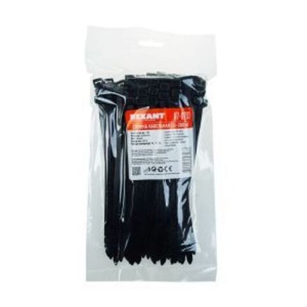 Хомут-стяжка кабельная нейлоновая REXANT 200 x7,6мм, черная, упаковка 100 шт.