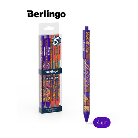 Ручка шариковая автоматическая Berlingo "Tribe" синяя, 0,7мм, грип, рисунок на корпусе, 4шт., PET-бокс с ЕП