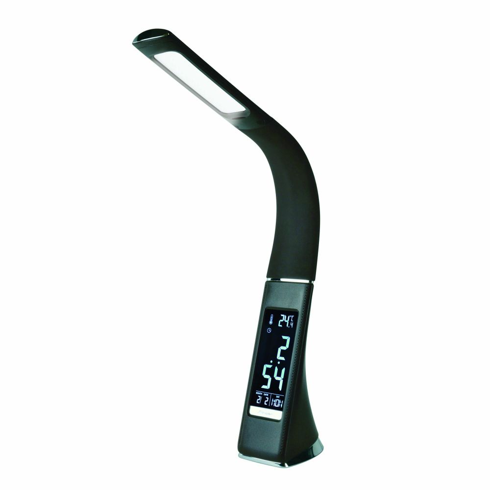 TLD-542 Black/LED/300Lm/5000K/Dimmer Светильник настольный c часами, календарем, термометром, 5W. Сенсорный выключатель. Черный (стилизован под кожу).