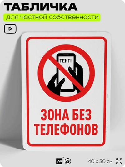 Табличка для частной территории "Зона без телефонов", на дом, для участка, организаций и частных территорий, предупреждающая, 40х30 см, Silver Plane x Айдентика Технолоджи