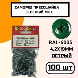 Саморезы прессшайба 4,2х19мм острый Зеленый мох RAL-6005 (100 шт) ЁЖкрепЁЖ.