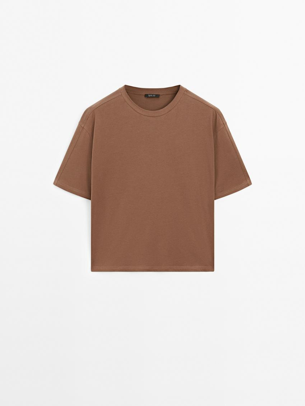 Massimo Dutti Футболка с декоративными швами на рукаве, коричневый