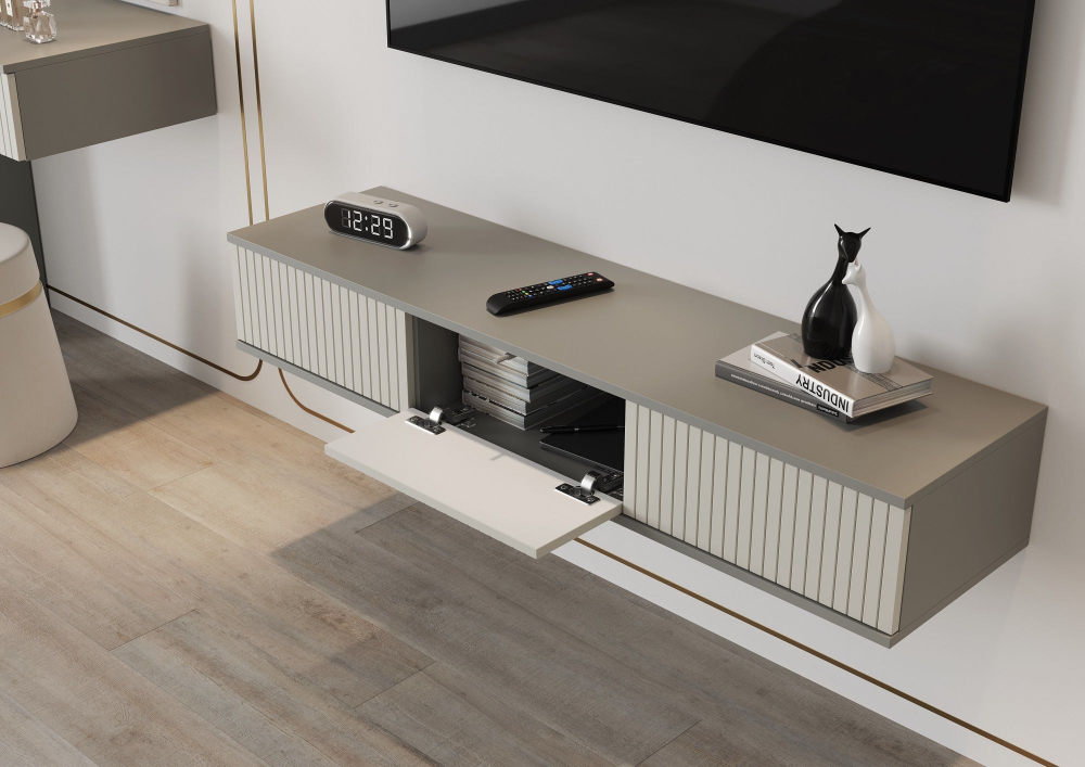 Тумба под телевизор подвесная Шиншилла серая/матовая Кварц Грей Софт 134,6х21,6х34,3 см