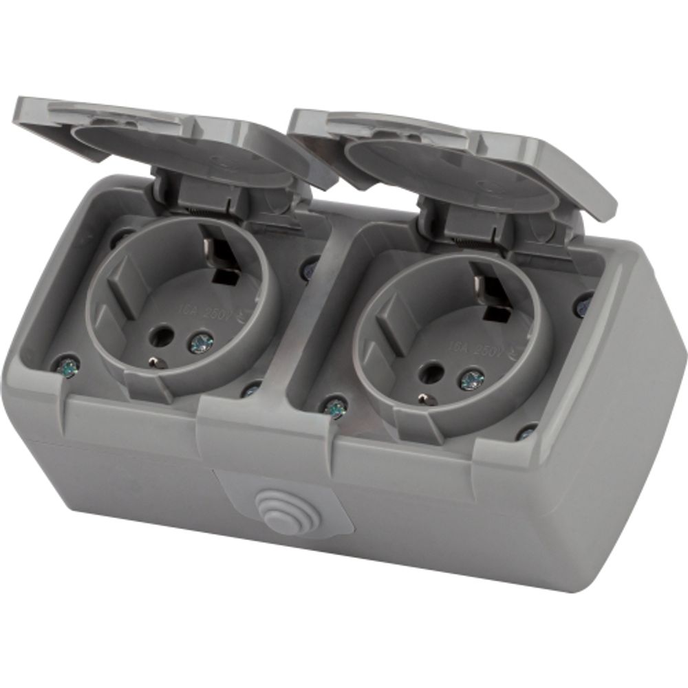 Розетка Intro Atlantic 5-204-03 двойная с заземлением 2х2P+E Schuko шторки, 16А-250В, IP54, открытой установки, серый | Intro