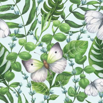 Бабочки в саду на голубом