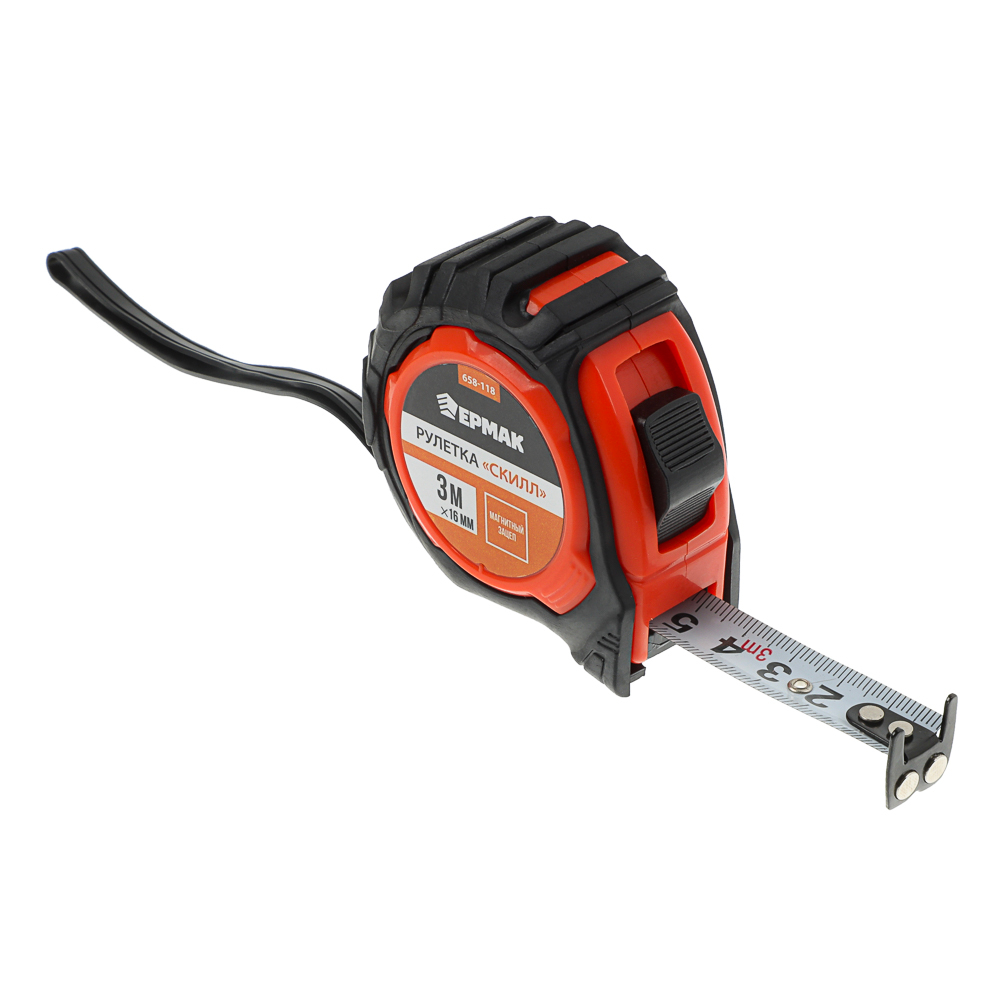 ЕРМАК Рулетка "СКИЛЛ", 3м х 16мм, 2х-сторонний зацеп + магнит, корпус ABS+TPR