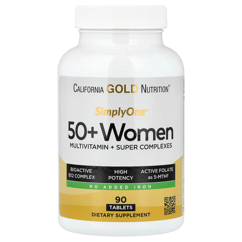 California Gold Nutrition, SimplyOne®, мультивитамины и суперкомплексы для женщин старше 50 лет, с витаминами A и C, минералами и растительными компонентами, без железа, 90 таблеток