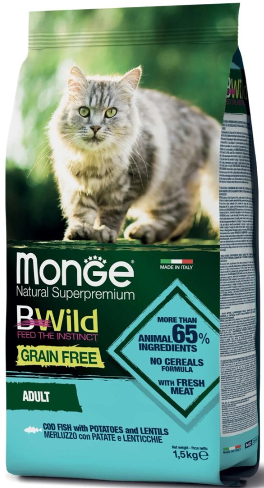 Monge Cat 1.5кг BWild GrainFree Сухой корм для взрослых кошек Треска