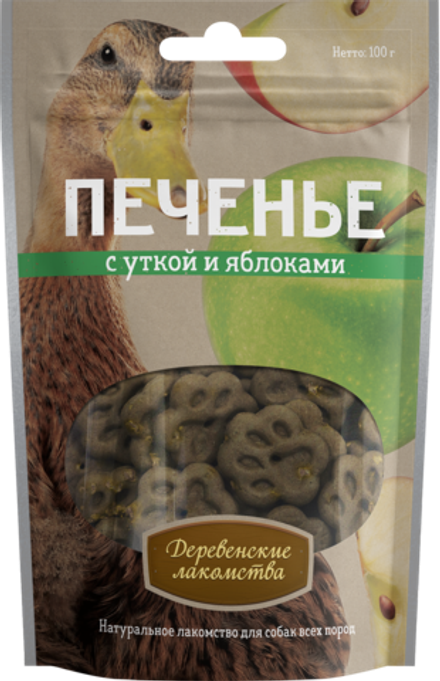 Печенье для собак ДЕРЕВЕНСКИЕ ЛАКОМСТВА с уткой и яблоками - 100 гр