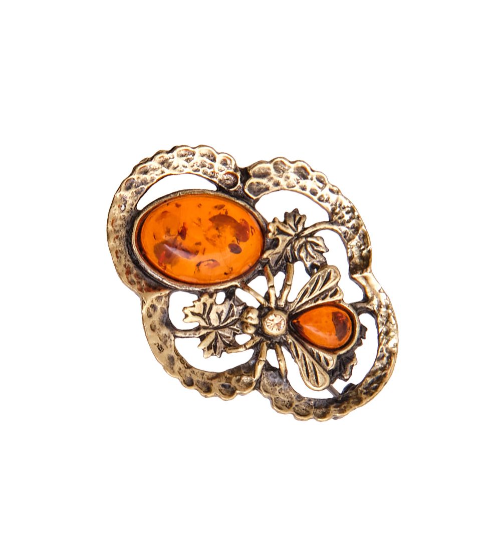 AM-3514 Брошь «Цветок Виноградная мушка» (латунь, янтарь)