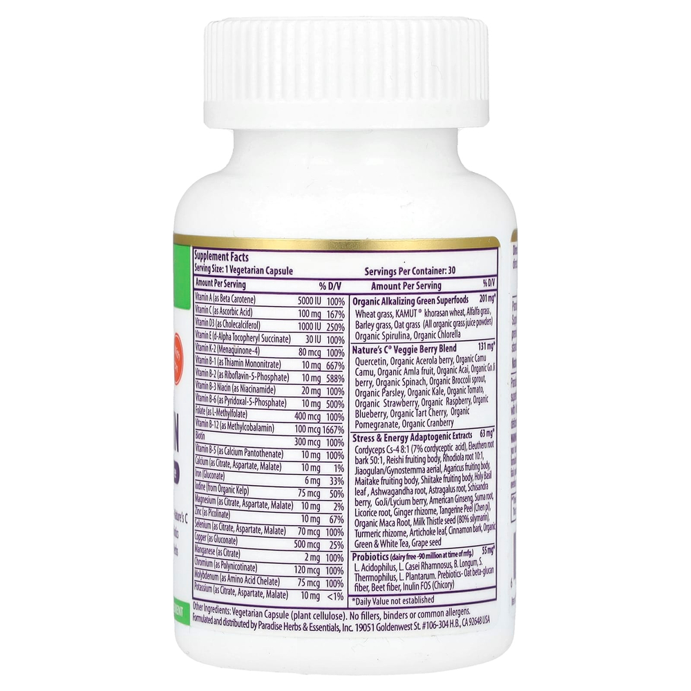 Paradise Herbs, Earth's Blend, комплекс суперфудов и мультивитаминов с железом, для приема один раз в день, 30 вегетарианских капсул