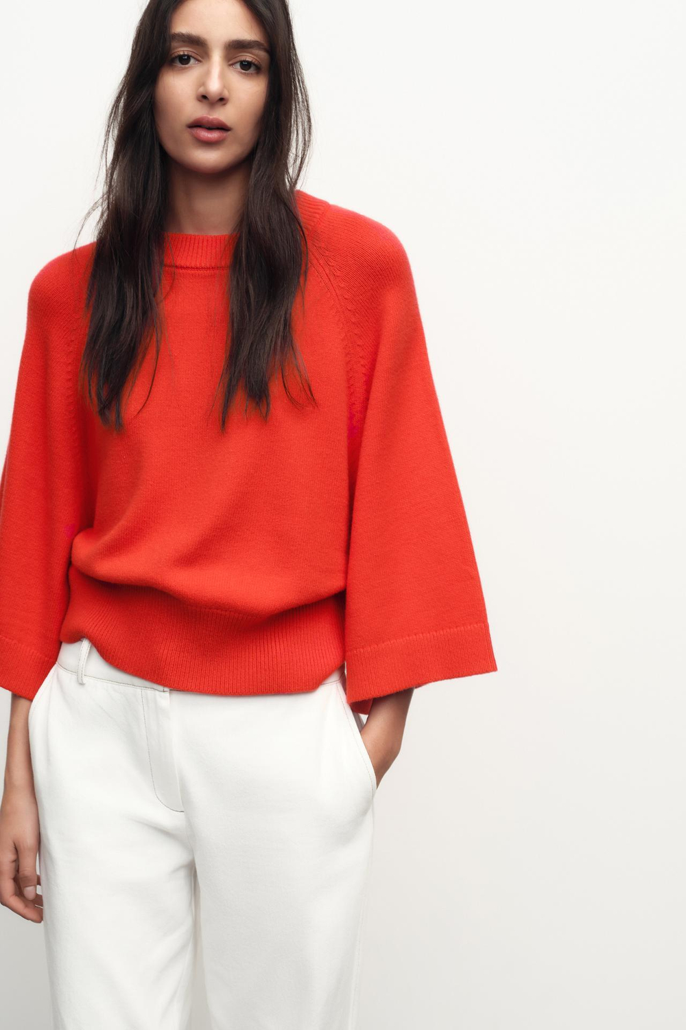 ZARA ВЯЗАНЫЙ СВИТЕР С ШИРОКИМИ РУКАВАМИ, КРАСНЫЙ